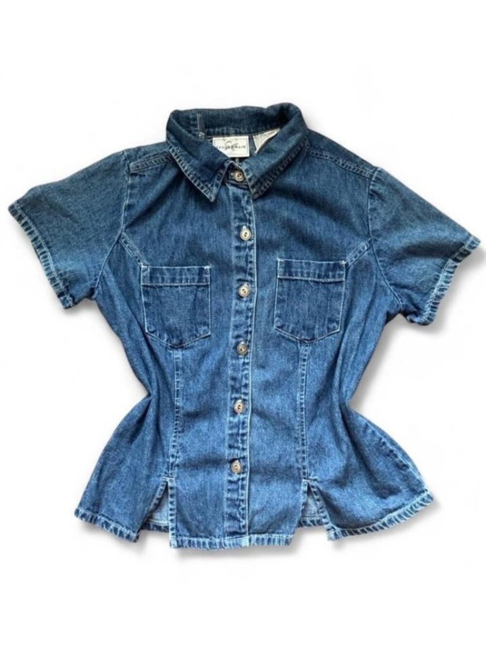 Studio Ease Vintage Y2K Denim Button Up Shirt Size 10 Blue Short Sleeve